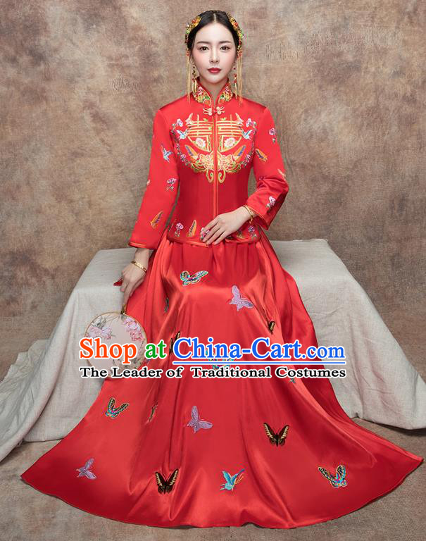 Traditional Ancient Chinese Wedding Costume Handmade XiuHe Suits Embroidery Butterfly Bride Toast Cheongsam Dress, Chinese Style Hanfu Wedding Clothing for Women