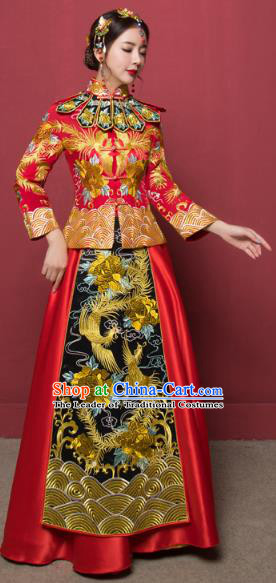 Traditional Ancient Chinese Wedding Costume Handmade XiuHe Suits Embroidery Phoenix Bride Toast Cheongsam Dress, Chinese Style Hanfu Wedding Clothing for Women