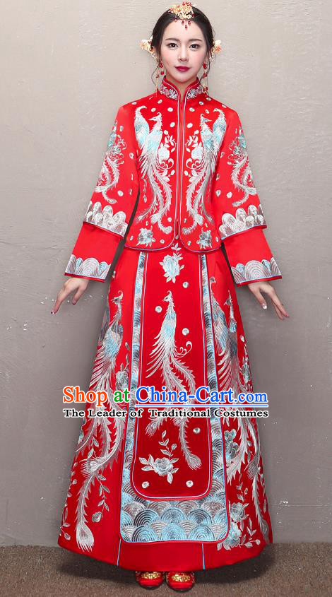 Traditional Ancient Chinese Wedding Costume Handmade XiuHe Suits Embroidery Phoenix Dress Bride Toast Cheongsam, Chinese Style Hanfu Wedding Clothing for Women