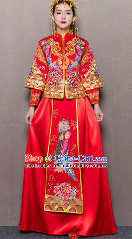 Traditional Ancient Chinese Wedding Costume Handmade Delicacy Embroidery Phoenix Peony Dress Xiuhe Suits, Chinese Style Wedding Dress Red Flown Bride Toast Cheongsam for Women