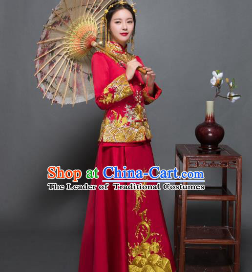 Traditional Ancient Chinese Wedding Costume Handmade Delicacy Embroidery XiuHe Suits, Chinese Style Wedding Dress Flown Bride Toast Cheongsam for Women