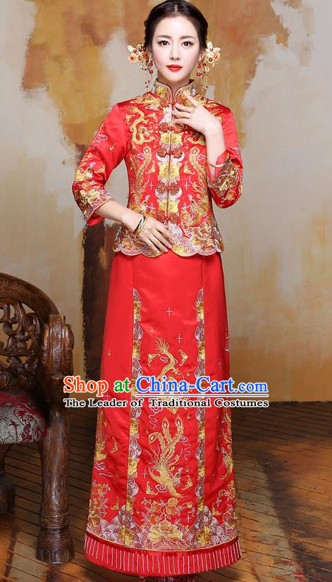 Traditional Ancient Chinese Wedding Costume Handmade Delicacy Embroidery Phoenix XiuHe Suits, Chinese Style Wedding Dress Flown Bride Toast Cheongsam for Women