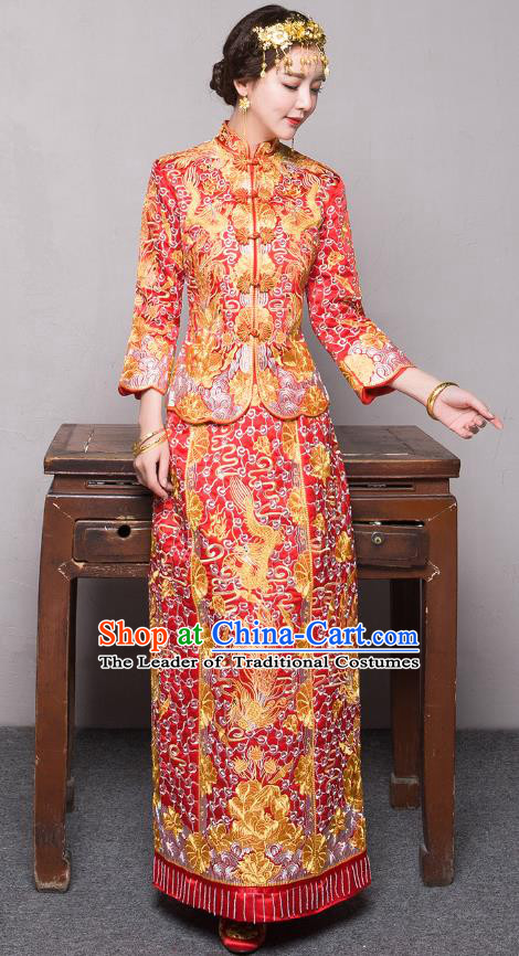 Traditional Ancient Chinese Wedding Costume Handmade Delicacy Embroidery Longfeng Flown XiuHe Suits, Chinese Style Wedding Dress Bride Toast Cheongsam for Women