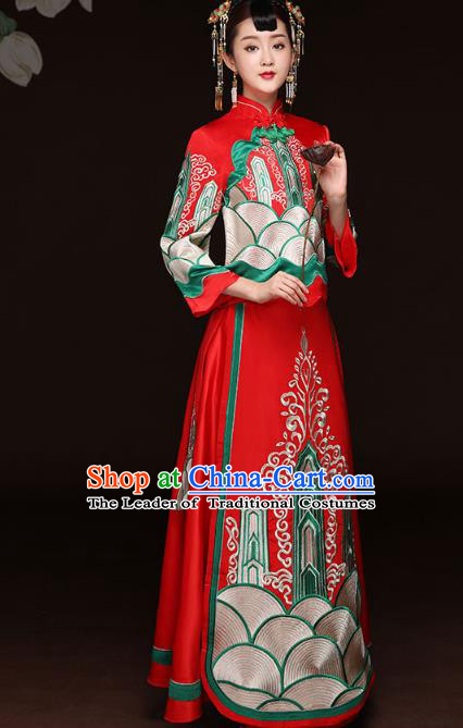 Traditional Ancient Chinese Wedding Costume Handmade Delicacy Embroidery Bride XiuHe Suits Red Full Dress, Chinese Style Hanfu Wedding Toast Cheongsam for Women