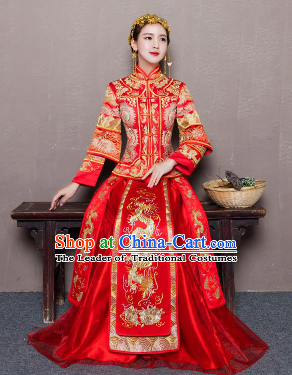 Traditional Ancient Chinese Wedding Costume Handmade Delicacy Embroidery Dragon and Phoenix XiuHe Suits Longfeng Flown, Chinese Style Hanfu Wedding Toast Cheongsam for Women