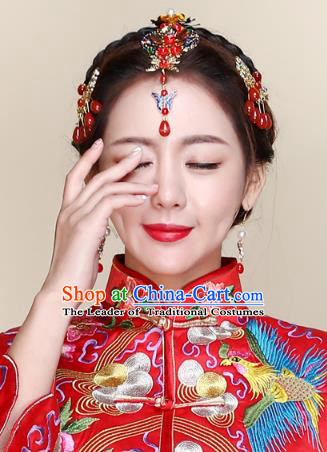 Traditional Handmade Chinese Ancient Classical Hair Accessories Bride Wedding Tassel Red Hair Clasp, Xiuhe Suit Hair Jewellery Hair Fascinators Hairpins for Women