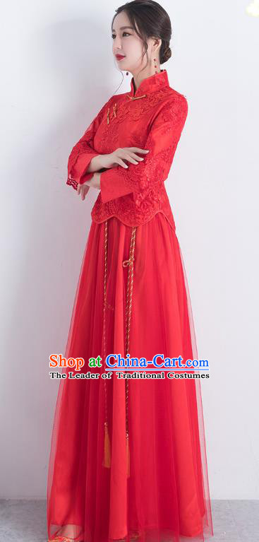 Traditional Ancient Chinese Wedding Costume Handmade Delicacy Embroidery Red Veil XiuHe Suits, Chinese Style Hanfu Wedding Bride Toast Cheongsam for Women