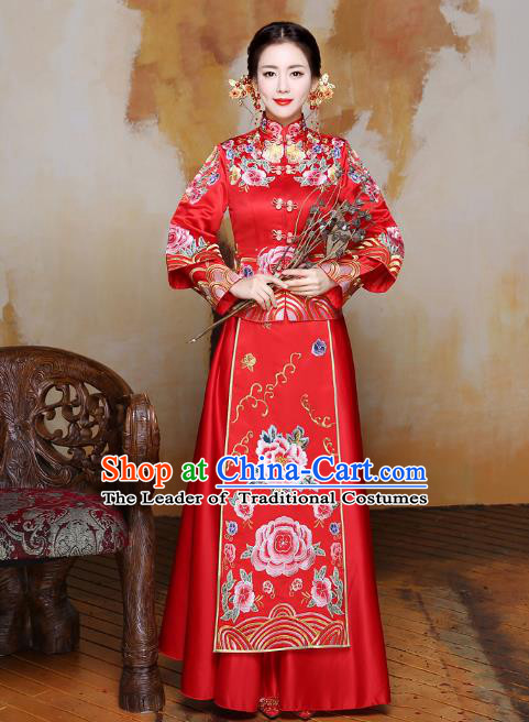 Traditional Ancient Chinese Wedding Costume Handmade Delicacy XiuHe Suits Embroidery Peony Bottom Drawer, Chinese Style Hanfu Wedding Bride Toast Cheongsam for Women