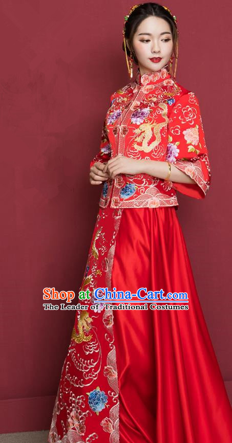 Traditional Ancient Chinese Wedding Costume Handmade Delicacy XiuHe Suits Embroidery Dragon Cheongsam Palace Bottom Drawer, Chinese Style Hanfu Wedding Bride Hanfu Clothing for Women