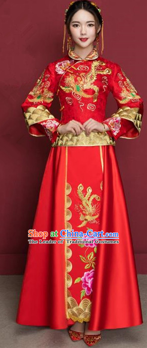 Traditional Ancient Chinese Wedding Costume Handmade Delicacy XiuHe Suits Embroidery Peony Long Sleeve Cheongsam Palace Bottom Drawer, Chinese Style Hanfu Wedding Bride Hanfu Clothing for Women