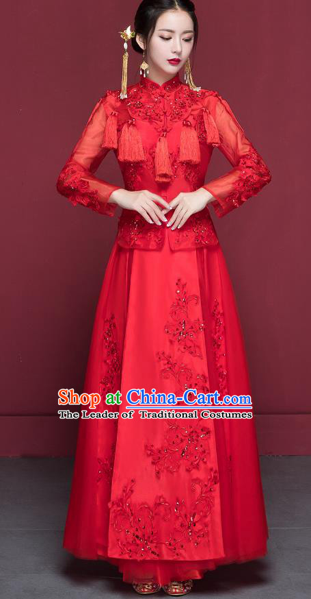 Traditional Ancient Chinese Wedding Costume Handmade Delicacy Embroidery XiuHe Suits, Chinese Style Hanfu Wedding Bride Toast Cheongsam for Women
