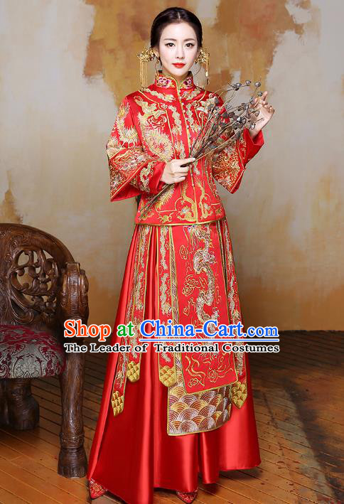 Traditional Ancient Chinese Wedding Costume Handmade Delicacy Embroidery Dragon XiuHe Suits, Chinese Style Hanfu Wedding Bride Toast Cheongsam for Women