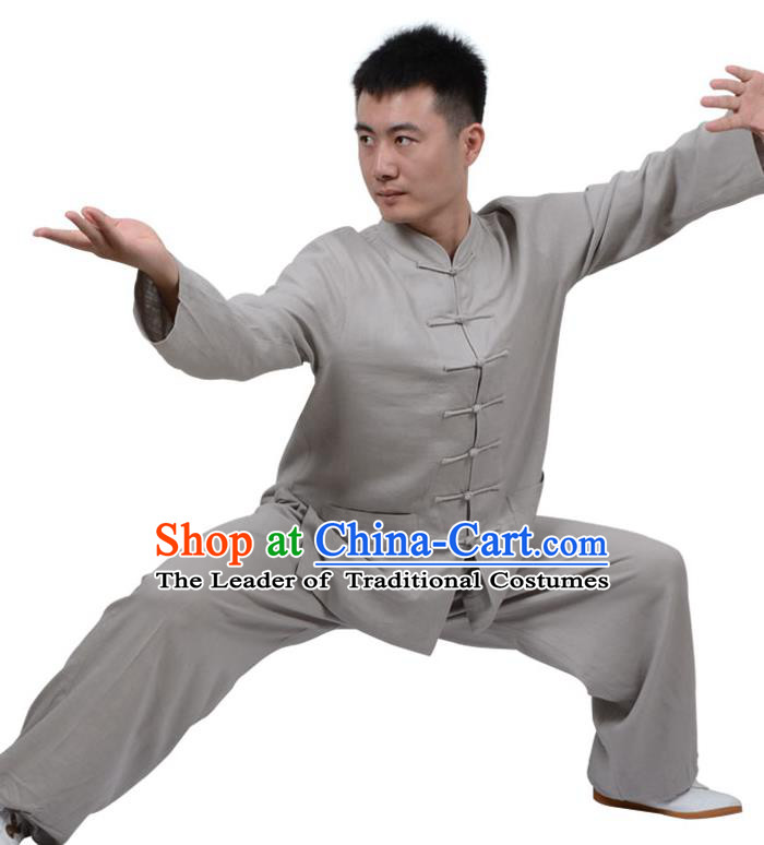 Top Kung Fu Linen Costume Martial Arts Costume Kung Fu Training Clothing, Tai Ji Plated Buttons Grey Uniform Gongfu Wushu Clothing for Women for Men