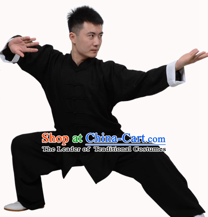 Top Martial Arts Costume Kung Fu Training Clothing, Tai Ji Plated Buttons Black Uniform Gongfu Wushu Costume  for Women for Men