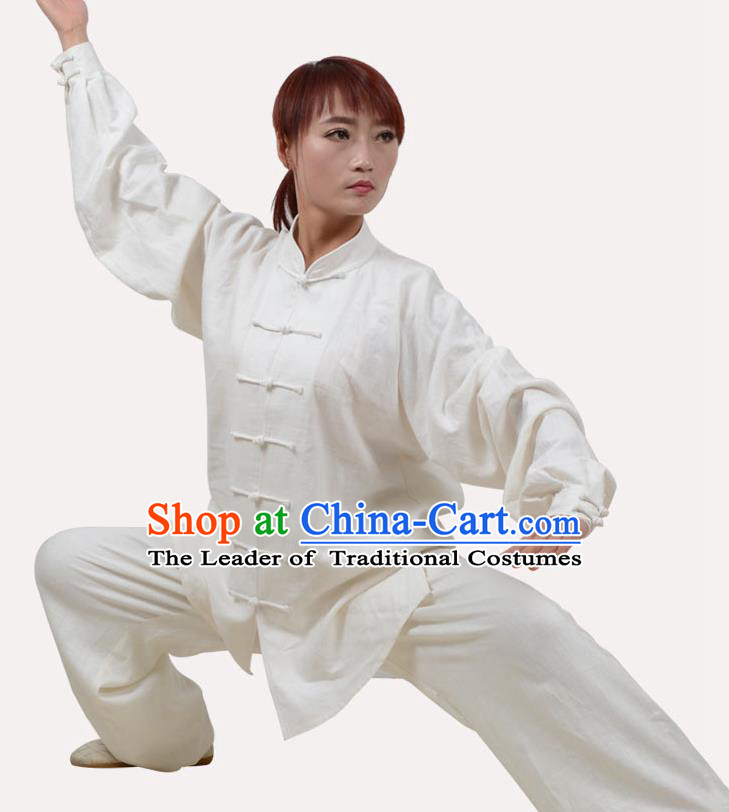 Top Grade Linen Martial Arts Costume Kung Fu Training Clothing, Tai Ji Embroidery White Uniform Gongfu Wushu Costume  for Women for Men