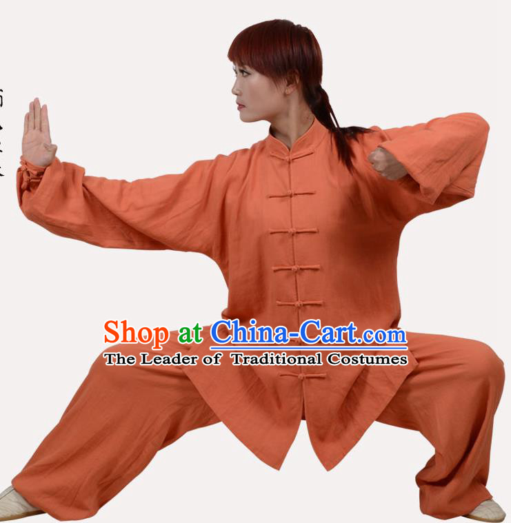 Top Grade Linen Martial Arts Costume Kung Fu Training Clothing, Tai Ji Embroidery Orange Uniform Gongfu Wushu Costume  for Women for Men