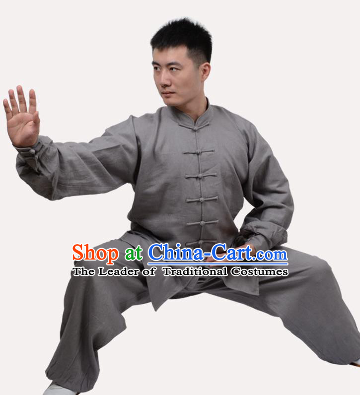 Top Grade Linen Martial Arts Costume Kung Fu Training Clothing, Tai Ji Grey Uniform Gongfu Wushu Costume for Women for Men