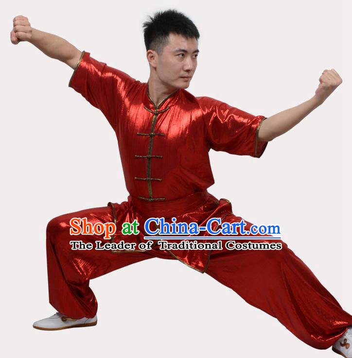 Top Grade Linen Martial Arts Costume Kung Fu Training Plated Buttons Clothing, Tai Ji Southern Fist Red Uniform Gongfu Wushu Costume for Women for Men