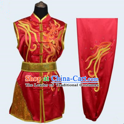 Top Grade Martial Arts Costume Kung Fu Training Embroidery Red Clothing, Long Fist Tai Ji Uniform Gongfu Wushu Costume for Women for Men