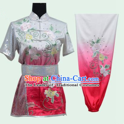 Top Grade Martial Arts Costume Kung Fu Training Long Fist Clothing, Tai Ji Embroidery Peony Pink Uniform Gongfu Wushu Costume for Women
