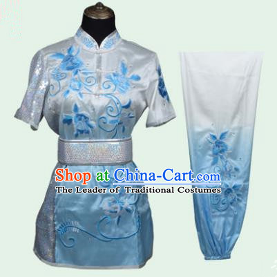 Top Grade Martial Arts Costume Kung Fu Training Long Fist Clothing, Tai Ji Embroidery Peony Blue Uniform Gongfu Wushu Costume for Women