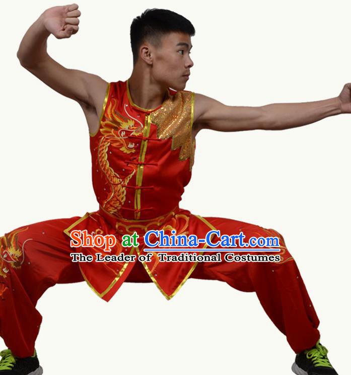 Top Grade Martial Arts Costume Kung Fu Training Short Sleeve Red Clothing, Tai Ji Embroidery Long Fist Uniform Gongfu Wushu Costume for Women for Men