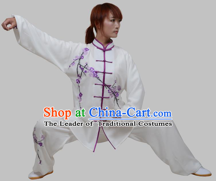 Top Grade China Martial Arts Costume Kung Fu Training Embroidery Plum Blossom Clothing, Chinese Embroidery Tai Ji White Uniform Gongfu Wushu Costume for Women