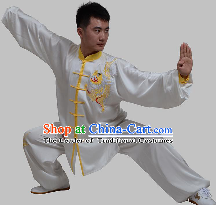 Top Grade China Martial Arts Costume Kung Fu Training Embroidery White Clothing, Chinese Embroidery Dragon Tai Ji Uniform Gongfu Wushu Costume for Men