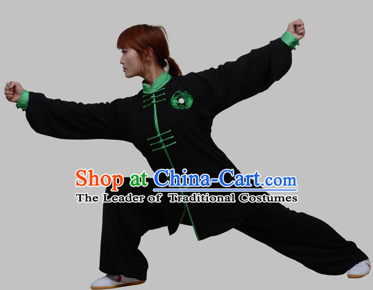 Top Grade China Martial Arts Costume Kung Fu Training Clothing, Chinese Embroidery Tai Ji Black Uniform Gongfu Wushu Costume for Women for Men