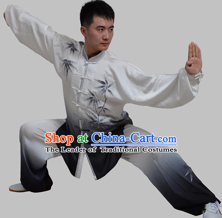 Top Grade China Martial Arts Costume Kung Fu Taichi Gradient Training Embroidery Bamboo Clothing, Chinese Tai Ji Black Uniform Gongfu Wushu Costume for Men