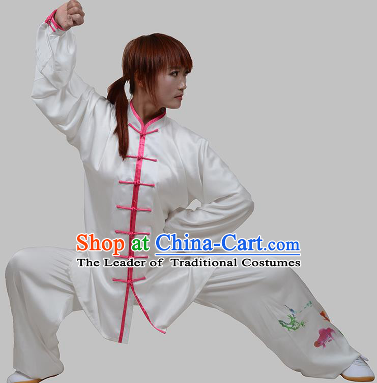 Top Grade China Martial Arts Costume Kung Fu Training Painting Fishes Clothing, Chinese Tai Ji Uniform Gongfu Wushu Costume for Women for Men