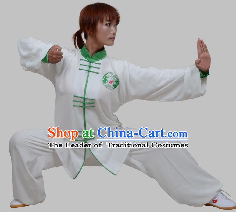 Top Grade China Martial Arts Costume Kung Fu Training Green Plated Buttons Clothing, Chinese Embroidery Tai Ji White Uniform Gongfu Wushu Costume for Women for Men