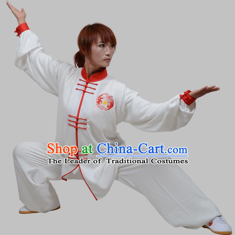 Top Grade China Martial Arts Costume Kung Fu Training Red Plated Buttons Clothing, Chinese Embroidery Tai Ji White Uniform Gongfu Wushu Costume for Women for Men