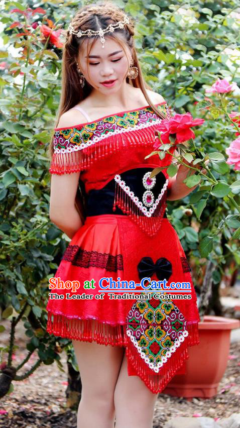 Traditional Chinese Miao Nationality Wedding Bride Costume, Hmong Folk Dance Ethnic Red Pleated Skirt, Chinese Minority Nationality Embroidery Clothing for Women