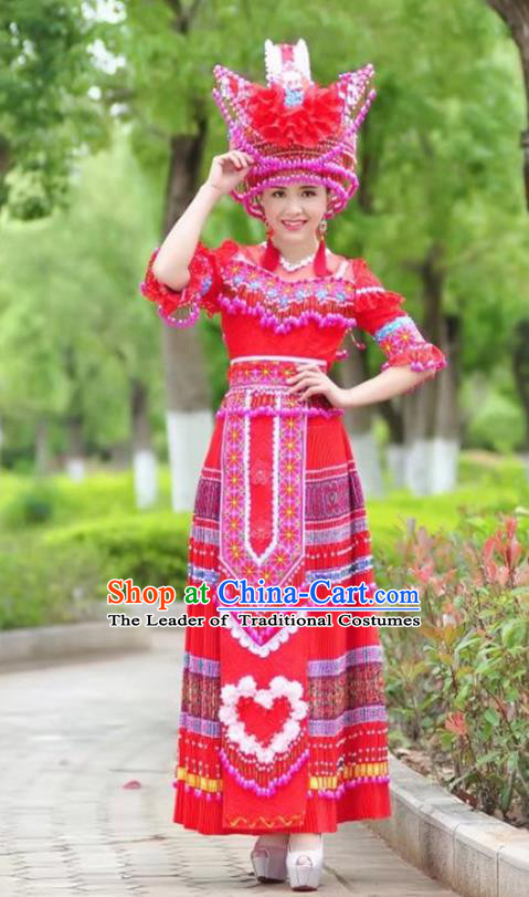 Traditional Chinese Miao Nationality Wedding Bride Costume Red Long Skirt and Tassel Hat, Hmong Folk Dance Ethnic Chinese Minority Nationality Embroidery Clothing for Women