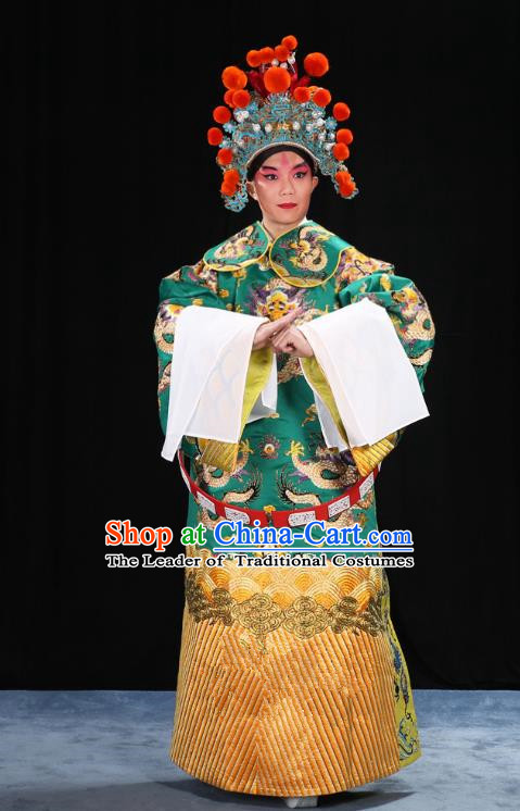 Top Grade Professional Beijing Opera Emperor Costume General Green Embroidered Robe and Belts, Traditional Ancient Chinese Peking Opera Royal Highness Embroidery Dragons Clothing