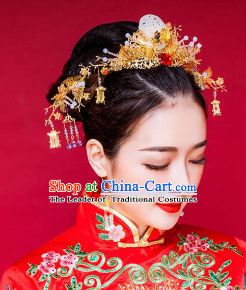 Traditional Handmade Chinese Ancient Classical Hair Accessories Barrettes Xiuhe Suit Copper Phoenix Coronet Complete Set, Long Tassel Step Shake, Hanfu Hairpins Hair Fascinators for Women