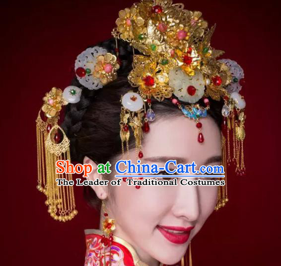 Traditional Handmade Chinese Ancient Classical Hair Accessories Barrettes Xiuhe Suit Cloisonne Jade Phoenix Coronet Complete Set, Hanfu Hairpins Hair Fascinators for Women