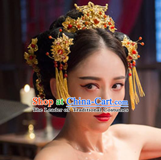 Traditional Handmade Chinese Ancient Classical Hair Accessories Barrettes Xiuhe Suit Golden Tassel Step Shake Phoenix Coronet, Hanfu Hairpins Hair Fascinators for Women