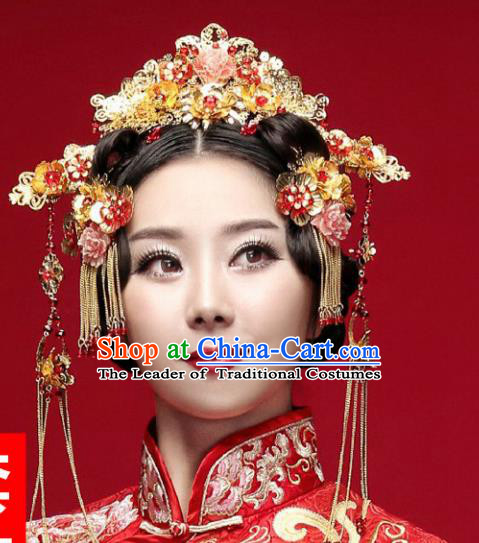 Traditional Handmade Chinese Ancient Classical Hair Accessories Barrettes Xiuhe Suit Phoenix Coronet Complete Set, Hanfu Hairpins Hair Fascinators for Women