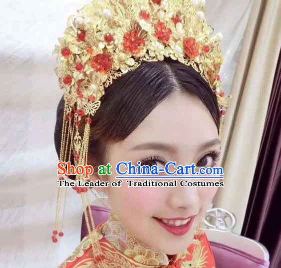 Traditional Handmade Chinese Ancient Classical Hair Accessories Barrettes Xiuhe Suit Cheongsam Tassel Phoenix Coronet, Hanfu Hairpins Hair Fascinators for Women