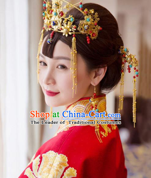 Traditional Handmade Chinese Ancient Classical Hair Accessories Xiuhe Suit Cheongsam Tassel Phoenix Coronet Complete Set, Hanfu Hairpins Hair Fascinators for Women