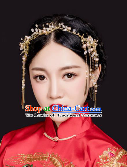 Traditional Handmade Chinese Ancient Classical Hair Accessories Barrettes Xiuhe Suit Golden Hair Clasp, Hanfu Hair Fascinators for Women