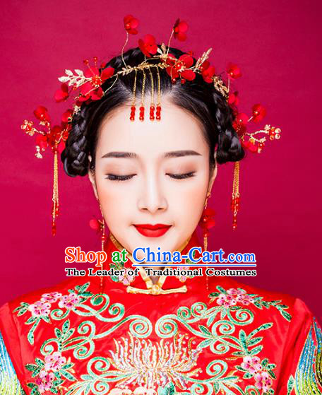 Traditional Handmade Chinese Ancient Classical Hair Accessories Xiuhe Suit Cheongsam Red Flowers Hair Clasp, Hanfu Hairpins Hair Fascinators for Women