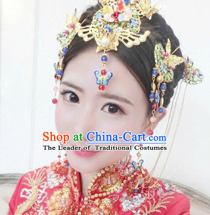 Traditional Handmade Chinese Ancient Classical Hair Accessories Xiuhe Suit Cheongsam Cloisonne Butterfly Phoenix Coronet, Hanfu Hairpins Hair Fascinators for Women