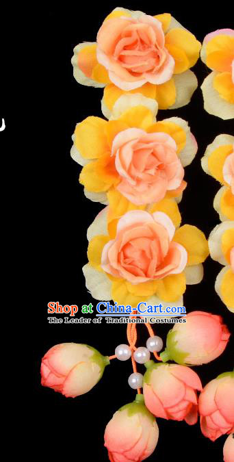 Traditional Beijing Opera Diva Red Hair Accessories Orange Flowers Temples Hairpin, Ancient Chinese Peking Opera Tassel Step Shake Hua Tan Hairpins Headwear