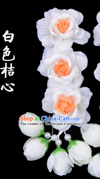 Traditional Beijing Opera Diva Red Hair Accessories White Flowers Temples Hairpin, Ancient Chinese Peking Opera Tassel Step Shake Hua Tan Hairpins Headwear