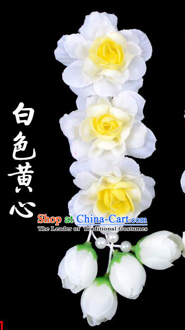 Traditional Beijing Opera Diva Red Hair Accessories White Flowers Temples Hairpin, Ancient Chinese Peking Opera Tassel Step Shake Hua Tan Hairpins Headwear