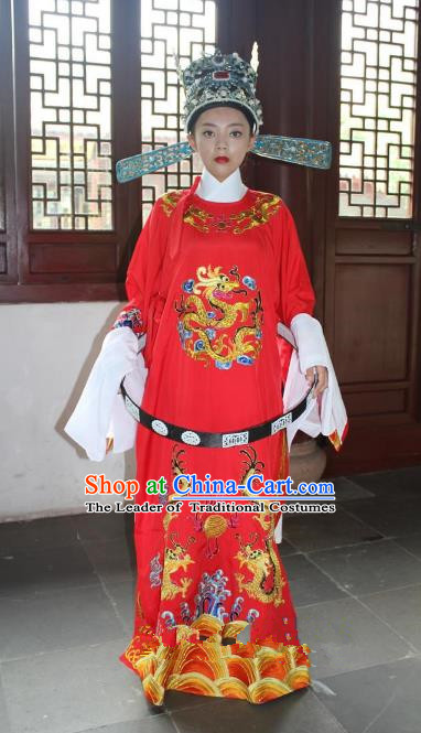 Top Grade Professional Beijing Opera Niche Costume Lang Scholar Red Embroidered Robe and Hat, Traditional Ancient Chinese Peking Opera Emperor Son-in-law Embroidery Gwanbok Clothing