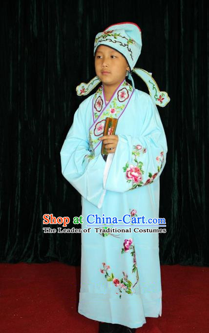 Top Grade Professional Beijing Opera Niche Costume Blue Embroidered Robe, Traditional Ancient Chinese Peking Opera Lang Scholar Embroidery Clothing for Kids